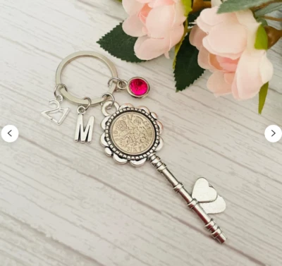 HELLO*LONDON Lucky Sixpence Happy Birthday gift KEY Keyring Age,Birthstone & Initial charm