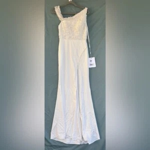 Robe colonne épaule tombante embellie MAC DUGGAL neuve avec étiquette, ivoire taille 2 perles paillettes - Photo 1/12