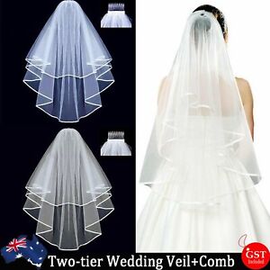 Women Bridal Wedding 2-Tier Veil With Satin Edge Comb Hen's Night White Ivory