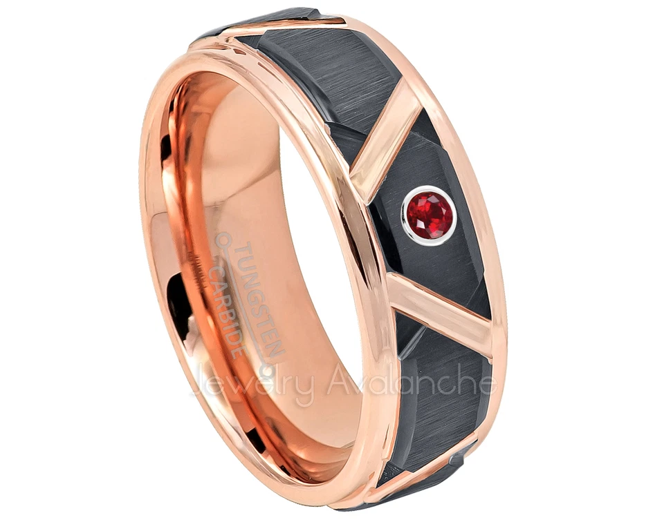 Anillo de oro rosa y tungsteno negro 0,07 quilates anillo de rubí para hombre, anillo de piedra de nacimiento de julio #748 Foto 1 de 1