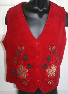 Carolyn Taylor Fleece Vest - Red w/ Embroidered Fall Leaves Floral Womens Large