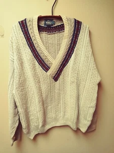 Vintage men's Woolrich Sweater Cotton V Neck Blue Green Off White Made USA  - Picture 1 of 9