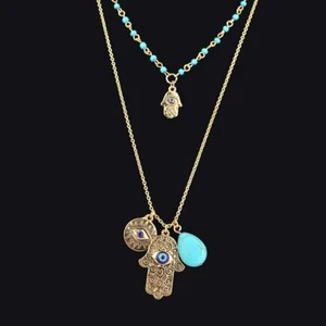 ZARD Turquoise Evil Eye Hamsa Hand Charms Layered Necklace In Vintage Gold - Picture 1 of 11