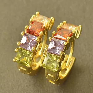 New Yellow Gold Filled 4 Multi-Color Square Cut CZ Round Huggie Hoop Earrings - Picture 1 of 3
