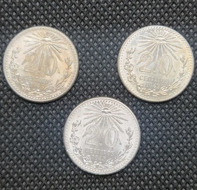 Mexico Silver 20 Centavos Lot – 1943 (2x) & 1942 AU Condition .720 Silver Toned - Image 1 of 2