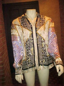 VINTAGE MEN'S CETA DOLCE METALLIC SILK SHIRT MULTICOLOR GEOMETRIC DESIGN LARGE - Picture 1 of 10