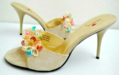 Sandalias LUICHINY Tacones Altos Punta Abierta Mules Beige Gamuza Cuero EE. UU. Talla 10 Foto 1 de 4