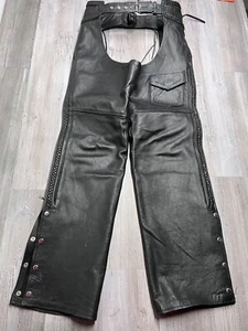 Pro Rider Black Leather Chaps Tassle Biker Size L Premium Zips Snaps - Picture 1 of 14