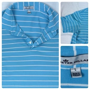 Peter Millar Men's Size L Blue And White Striped Polo Golf Shirt - Picture 1 of 6