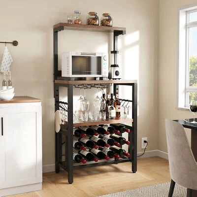 Kitchen Bakers Rack w/Power Outlet Microwave Stand Rustic Wine Table Bar - Image 1 of 4