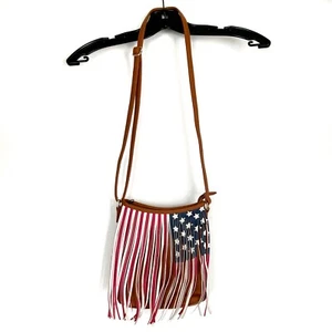 American Flag USA Fringe Shoulder Crossbody Bag Purse Brown White Red Blue West - Picture 1 of 14