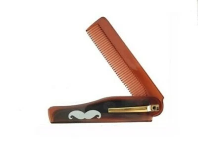 Plastic folding combs with clip coffee color printed moustache logo pocket comb - Image 1 of 4