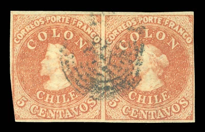 CHILE 1857 COLUMBUS  5c dull brown (Canela) Scott # 9c used PAIR VF pos.152+153  - Image 1 of 2