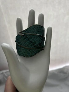 Vintage Green Turquoise Leaf Bracelet Bohemian Cuff Hinged Clamper Bangle Enamel - Picture 1 of 4