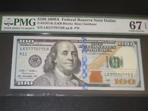 $100 2009A Dallas FRN. FANCY SERIAL NUMBER. PMG 67 EPQ - Picture 1 of 2