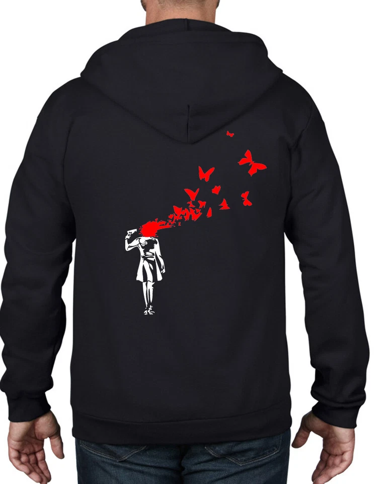 FELPA CON CAPPUCCIO FULL ZIP BANKSY BUTTERFLY SUICIDE - Banksy T Shirt Hoody Banksy Clothing - Immagine 1 di 1