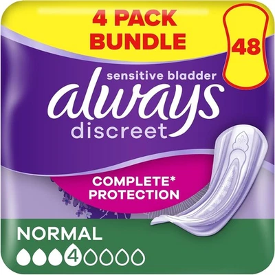 BRANDED 48 x Always Discreet Sensitive Bladder Incontinence Pads Normal (4 Packs of 12)