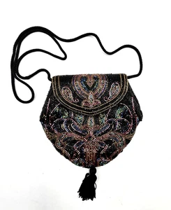 Borsa a tracolla vintage Towanny nera metallizzata con perline sera pochette anni 80 - Foto 1 di 7