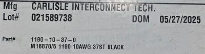 Fio de chumbo Carlisle IT #10awg M16878/5-10-0 EE UL-1180 SPC PTFE 200C preto/10 pés - Imagem 1 de 4