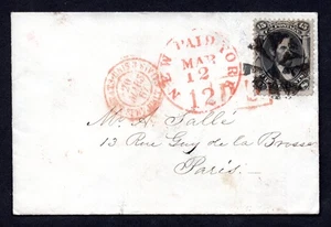 US TO FRANCE 1867 A. LINCOLN SCOTT #77 TIED FANCY CANCEL WITH "NEW YORK PAID 12" - Picture 1 of 3