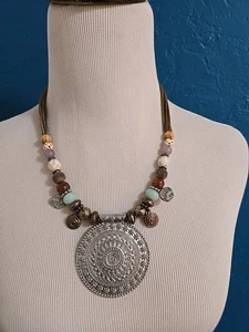 Chico's Statement Necklace Silver Medallion Turquoise, Multi-Stone Gorgeous! - Picture 1 of 7