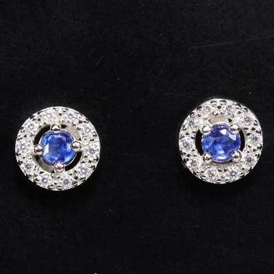 PENDIENTE PLATA ESTERLINA 925 NATURAL AAA AZUL CIANITA REDONDO Y BLANCO CIRCONITA PRECIOSA Foto 1 de 4