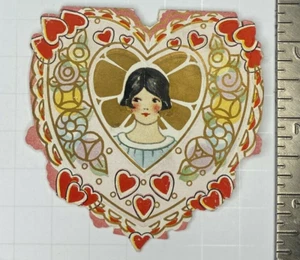 Tarjeta de corte de pelo bob morena corazón niña Art Deco troquelado San Valentín victoriano - Imagen 1 de 3