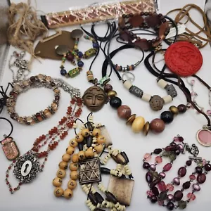 Vintage Boho Eclectic Jewelry Lot Tribal Glass Bead Wearable Earth Tone Hippy - Picture 1 of 22