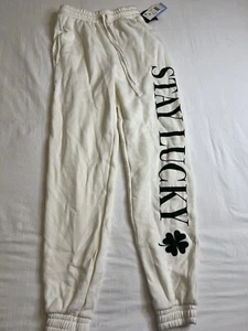 Women's Stay Lucky Graphic Joggers - White XS Sweatpants Graphic Print - Picture 1 of 6