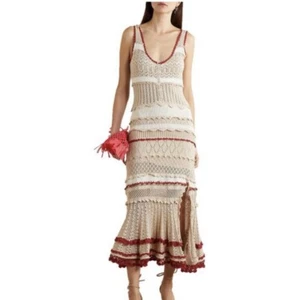 Women Hand-Knitted Crochet Dress Size L Ivory Red Midi Sleeveless Stretch Cotton - Picture 1 of 21