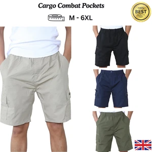 Mens Knee Length Cotton Shorts Elasticated Waist Cargo Combat Pockets Summer - Picture 1 of 31