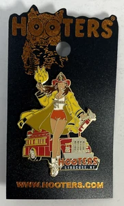 SYRACUSE, NY - FLAMING HOT SEXY HOOTERS FIREFIGHTER GIRL W/ FIRE TRUCK LAPEL PIN - Picture 1 of 4