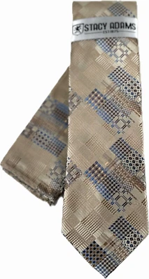 Stacy Adams Men's Tie Hanky Champagne Cream Beige Blue Brown Plaids 3.25" Wide - Image 1 of 4