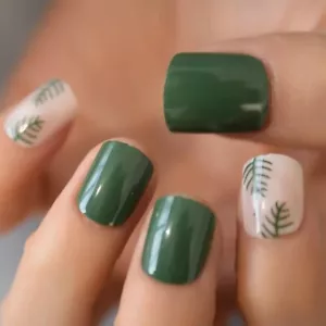 24 Green Leaf Press On Nails w/ Glue short nude - Picture 1 of 6