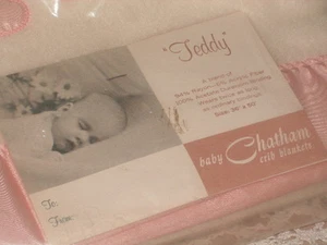 SHABBY COTTAGE VINTAGE WHITE PINK TEDDY BABY BLANKET PARIS APT CHIC CHATHAM NEW - Picture 1 of 3