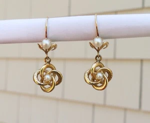 Vintage 14k yellow gold & pearl earrings lover's knot Victorian/artisan? JA 3.3g - Picture 1 of 14