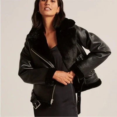 NUEVO SIN ETIQUETAS Abrigo Chaqueta Abercrombie & Fitch Vegano Imitación Cuero Piel Aviador Negro Pequeño Foto 1 de 4
