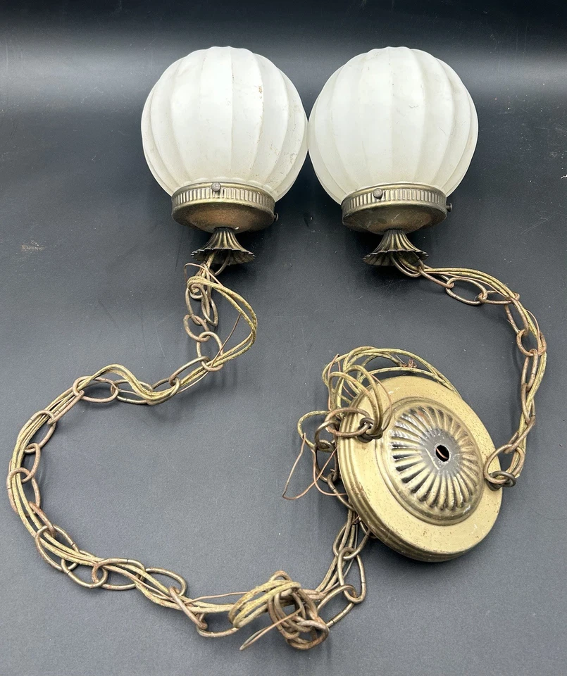 (2) 60s/70s WHITE RIBBED MILK GLASS GLOBE CHANDELIER Hollywood Regency swag lamp - Image 1 of 4