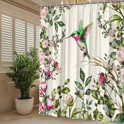 Cortina de Ducha Floral Colibrí, Diseño Flor Acuarela, Baño Botánico Foto 1 de 4