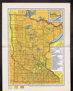 MINNESOTA State Vintage COLOR Engraved MAP 1937 - Bild 1 von 1