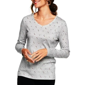 Croft & Barrow Damen Essential Langarmshirt V-Ausschnitt grau Pinguin Print - Bild 1 von 2