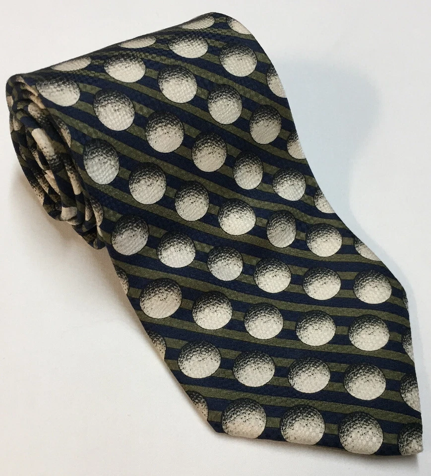 Structure 100% Silk Tie Golf Balls Navy Blue & Olive Green Stripes Golfing EUC - Image 1 of 4