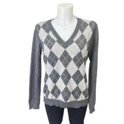 Suéter Charter Club 2 Capas 100% Cachemira Tejido Gris Patrón Argyle Lentejuelas Talla M Foto 1 de 4
