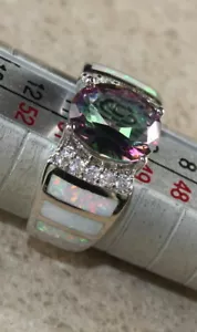 Elegante anillo ovalado de topacio arco iris y ópalo de fuego blanco plateado talla 10, WR41704 - Imagen 1 de 3