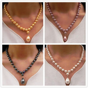 Long 14- 24" 8mm Round South Sea Shell Pearl 12x16mm Drop Beads Pendant Necklace