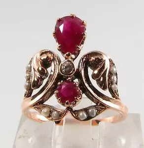 LARGE 9CT ROSE GOLD INDIAN RUBY PEARL & DIAMOND ART DECO INS CROWN RING - Picture 1 of 5