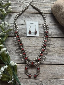 Red Coral Mini Squash Blossom Set In Sterling Silver with Shadow Box 22 Inch - Picture 1 of 7