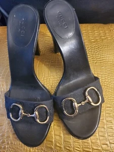 Gucci Mules Black Canvas GG Signature Monogram Horsebit Block Heel slip on S 7.5 - Picture 1 of 21