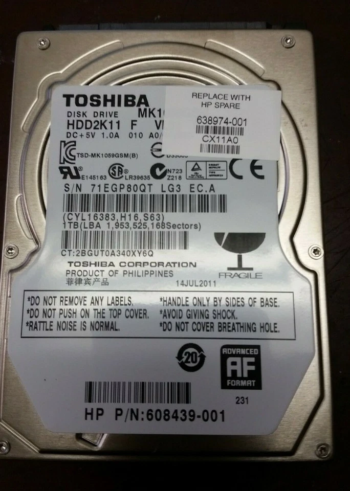 HP 638974-001 1TB SATA 5400 RPM 2.5 Hard Drive - Image 1 of 1