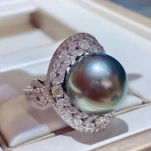 Designer HUGE AAAA+11-12mm South Sea Black Round pearl Ring 925S - Picture 1 of 3